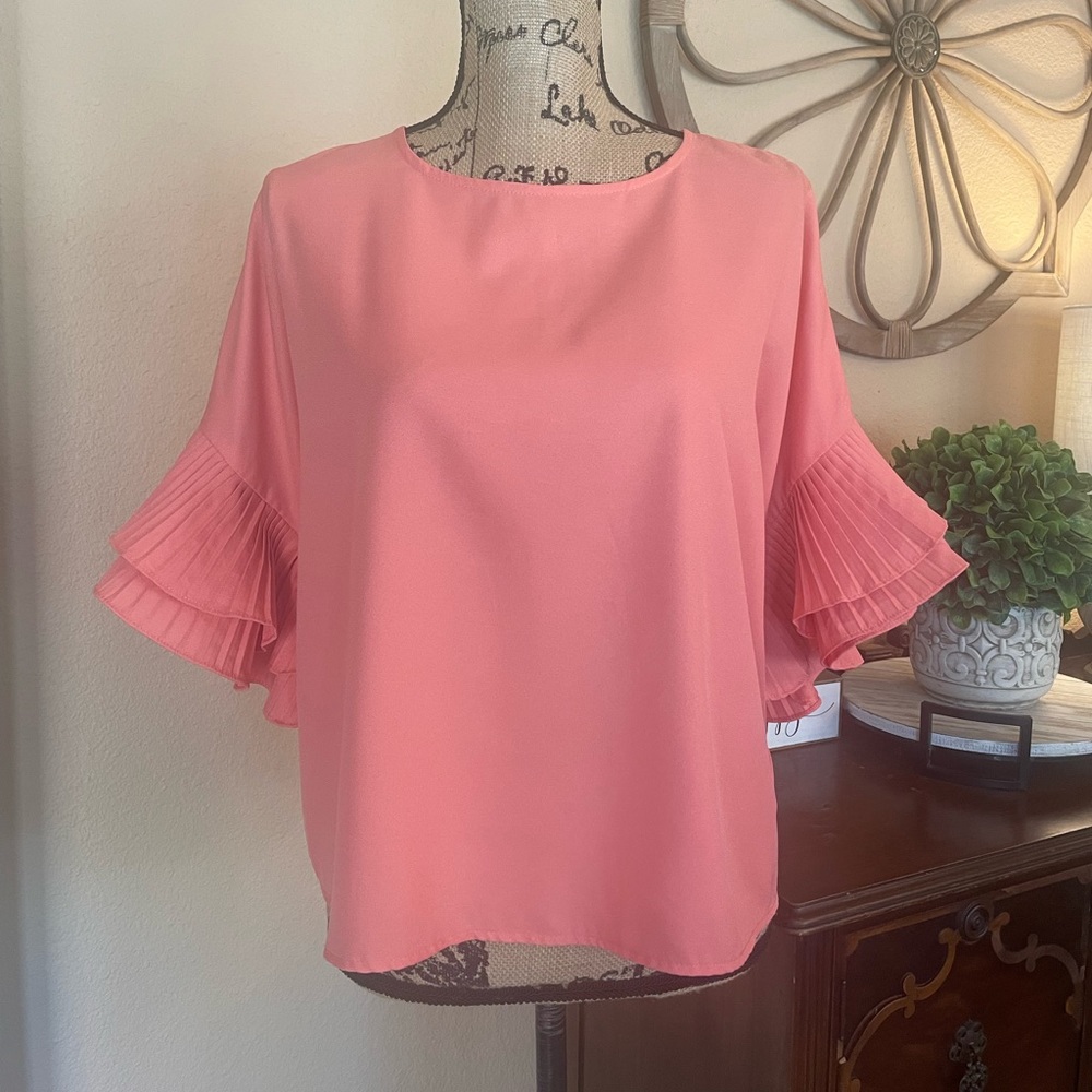 Love Letter Collection Coral Pink Pleated Ruffle Sleeve Top